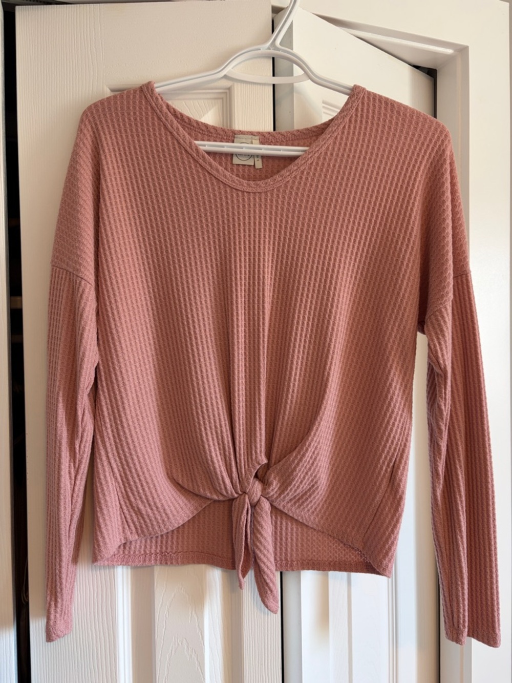Paper Crane Dusty Rose Waffle-Knit Tie Front Long Sleeve Top